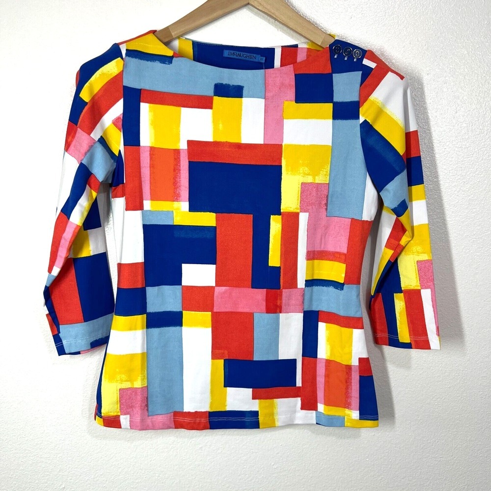 J. McLAUGHLIN Wavesong Jersey Knit Fitted‎ Top XS Blue Red Yellow Abstract Tile